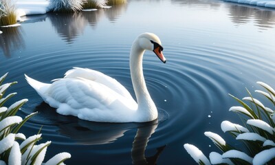 Fototapeta premium Graceful swan gliding on serene winter lake with pristine snowcovered banks