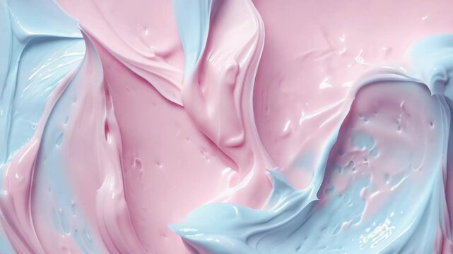 Close up of pink and blue icing with streaks, scrumptious, sweet, creamy dessert, candy texture background.