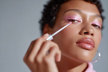 Young woman applying pink glitter eyeshadow makeup with brush
