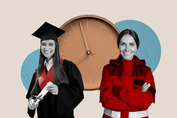 Naklejka na ściany i meble Sketch design trend artwork poster 3D photo collage of two young lady smile academic profession medic knowledge education study university