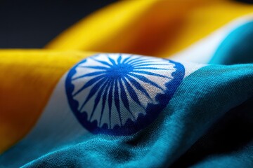 Detailed closeup of the Indian flag featuring a blue wheel emblem on a white stripe between yellow and cyan fabric sections