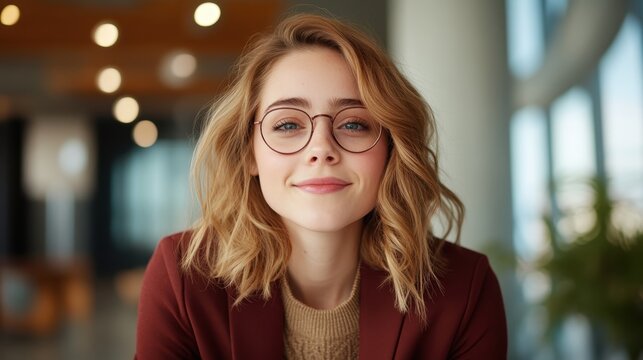 A cheerful young woman with glasses smiles warmly in a well-lit modern office setting, embodying professionalism and confidence while engaging with her surroundings.