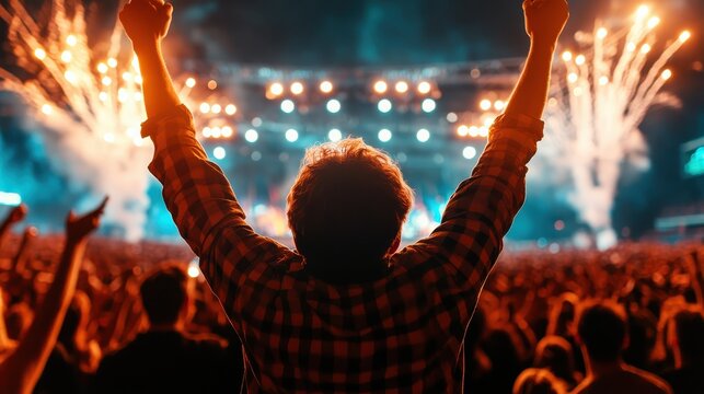 A vibrant concert scene with a lively crowd cheering, illuminated by fireworks and stage lights, capturing the electric atmosphere of live performances and shared joy.