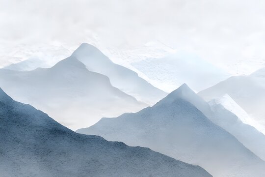 Abstract Mountain Outline Minimalist Watercolor Wash on Coarse Paper, Gray Blue Cream White Tranquil Tones with Center Composition Matte Art Deco