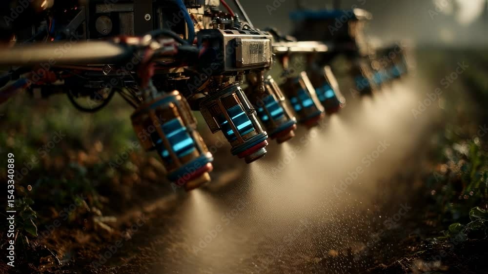 Poster utilizing agricultural drones with precision sprayers at dawn for efficient fertilizer and pesticide