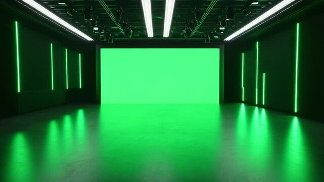 Green Screen Studio: A professional studio with green screen and modern lighting creating a vibrant and adaptable background, ideal for versatile content creation and visual effects.