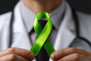 Doctor holding green awareness ribbon wearing white coat and tie