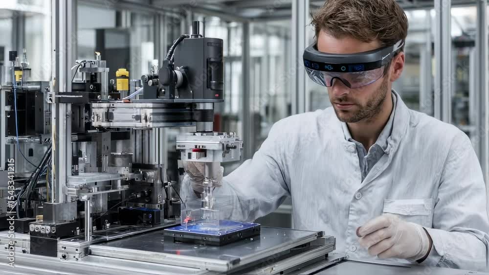 Poster engineer wearing augmented reality glasses is working on a high tech project in a modern factory, sh