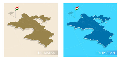 Tajikistan country flag installed on geographic positioning map point of country territory. Tajikistan commonwealth banner on land and sea. Festive patriotic HD format template for independence day