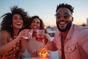 Friends toasting with whiskey at a rooftop party during sunset