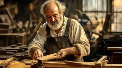 Elderly carpenter carefully working with wood in traditional workshop.