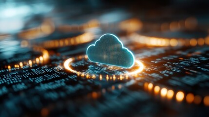 A futuristic cloud computing concept featuring a glowing cloud symbol amidst digital binary code, representing technology, connectivity, and the digital age's evolution.