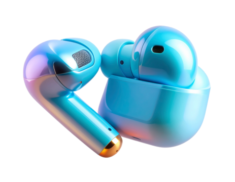 Wireless earbuds, floating, transparent background.