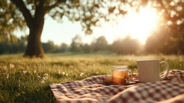 A serene picnic scene featuring a cup of coffee and a jar, inviting relaxation and reconnecting with nature amidst gentle sunlight and lush greenery.