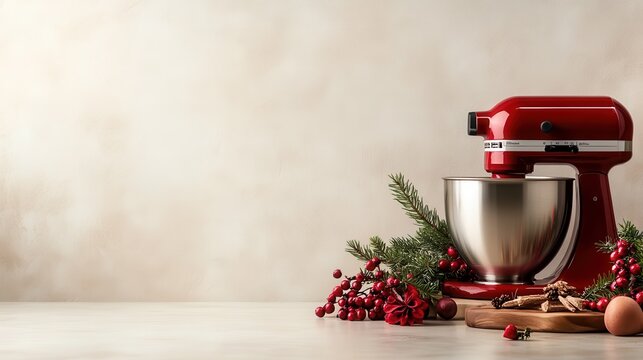 A sleek red stand mixer sits surrounded by festive greenery and seasonal decorations, perfect for holiday baking and celebrations in a cozy kitchen setting.
