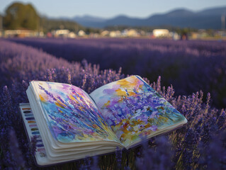 Open journal featuring colorful watercolor painting rests on peaceful lavender field capturing serene atmosphere of countryside summer bloom, inspiring creativity and artistic expression