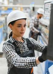 Female industrial worker operating machinery in factory setting