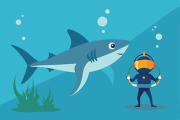 a shark underwater next to a scuba diver