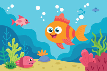 Fototapeta premium cartoon scene with coral reef and happy fishes