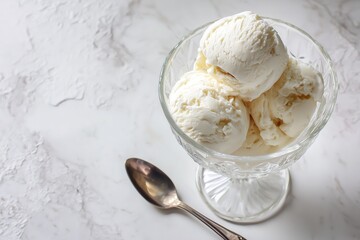 Classic Vanilla Ice Cream in Vintage Glass Goblet with Soft Pastel Minimal Styling