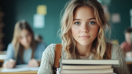 A thoughtful student with books in front of her, immersed in learning within a cozy classroom, representing the pursuit of knowledge and personal growth in a nurturing environment.