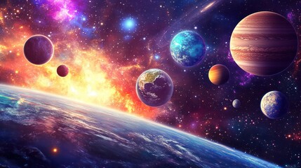 Colorful cosmic panorama. Multiple planets orbit amidst vibrant nebulae and stardust