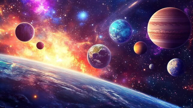 Colorful cosmic panorama. Multiple planets orbit amidst vibrant nebulae and stardust