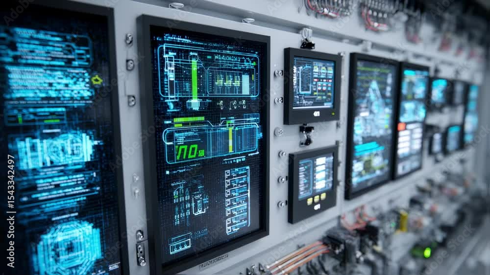 Poster futuristic control panel displaying complex data and information on multiple screens, showcasing adv