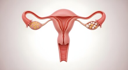 Female reproductive system anatomy 3D medical illustration showing uterus fallopian tubes and ovaries on clean background for healthcare education