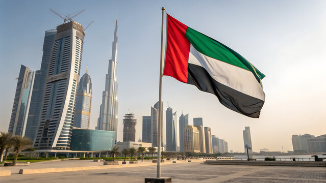 Emirates National Flag Over Cityscape Landmark