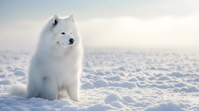 Adult Samoyed dog sitting in a winter landscape with snow. Pet enjoying a cold day outdoors. White furry animal footage.