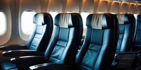 Obraz premium Comfortable airline seating in modern aircraft cabin with soft lighting