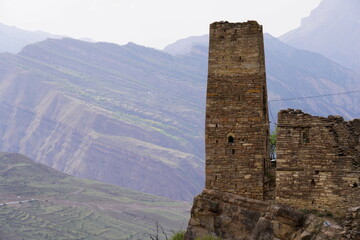 An ancient stone watchtower. Kahib, Dagestan.