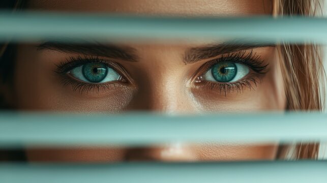 A striking close-up image of mesmerizing blue eyes peering through blinds, merging beauty and mystery, evoking curiosity and contemplation in an artistic composition.