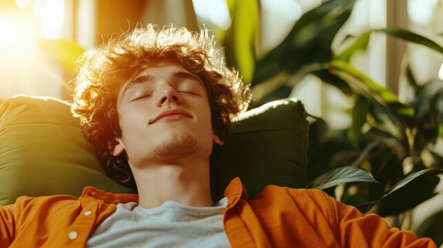 A young man with curly hair is seated, eyes closed, enjoying a moment of tranquility in a sunlit room filled with greenery and soft cushions that symbolizes relaxation.