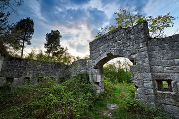 Forte Doss Fornas: entrance portal of the 19th century Austro-Hungarian fortress. Valsorda, Monte...