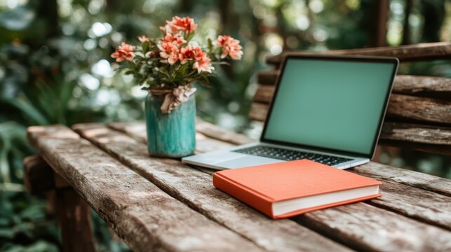 A serene outdoor workspace featuring a laptop and an orange book on a rustic wooden bench, surrounded by vibrant green foliage, promoting productivity and relaxation in nature.