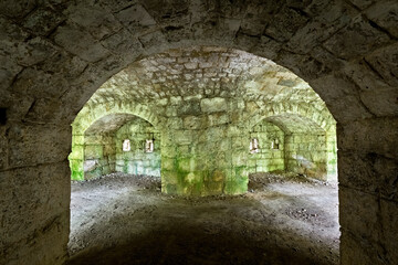 Fort Doss Fornas: the interior with niches for ammunition. Valsorda, Monte Vigolana, Trento,...