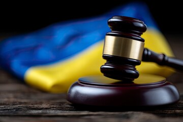 Gavel on stand against outoffocus Ukraine flag atop distressed wood surface