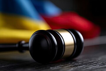 Gavel on a wood surface with a blurred flag backdrop of yellow blue and red colors