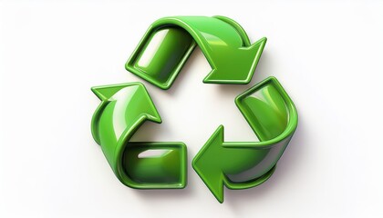  glossy green 3d recycle icon with curved arrows on white background, ideal for eco branding, sustainability web design, packaging symbol, or environmental poster