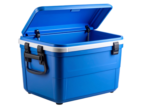 Blue Portable Cooler Chest with Open Lid and Handles on Transparent Background PNG
