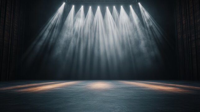 An empty stage bathed in dramatic lighting, showcasing multiple beams of light illuminating the performance area, creating an atmosphere of anticipation and excitement for the audience.