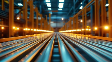 A visually engaging view of metallic rails in an industrial setting, featuring intense lighting effects that evoke motion, progress, and the mechanized beauty of modern infrastructure.