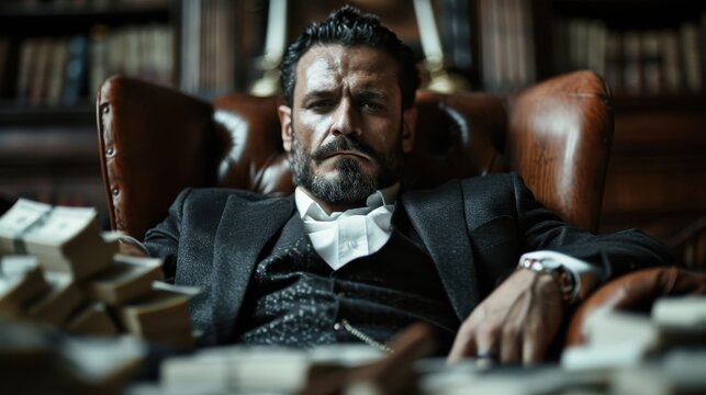 A commanding man with a beard, dressed in a suit, sits confidently surrounded by stacks of cash in an opulent library, evoking themes of wealth, power, and ambition in a dark ambiance.
