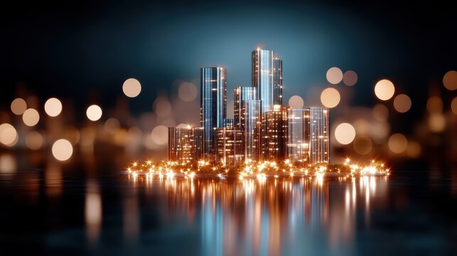 A breathtaking miniature cityscape shimmers with lights of skyscrapers against a dark background, capturing the essence of urban life and modern architecture beautifully.