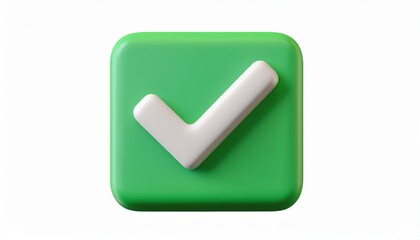  3d green square icon with rounded corners featuring a bold white check mark symbol, ideal for user interface, web button, app design, branding, or success indicator graphic
