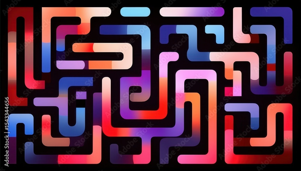 Poster colorful abstract gradient maze with rounded geometric paths on black background for modern web desi