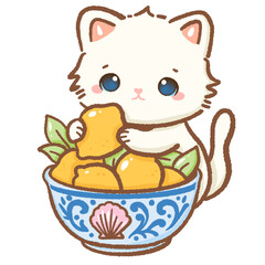 Fototapeta premium Cute Kawaii White Cat holding a jar of lemons Summer Clipart for Amalfi Coast, Travel Art, Stickers, Scrapbooking, Kids Designs, Coastal Holiday Decor
