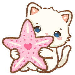 Cute Kawaii White Cat with pink starfish, Italian Summer Beach Clipart for Stickers, Scrapbooking, Travel Art, Kids, Coastal Decor, Amalfi Coast Holiday Design